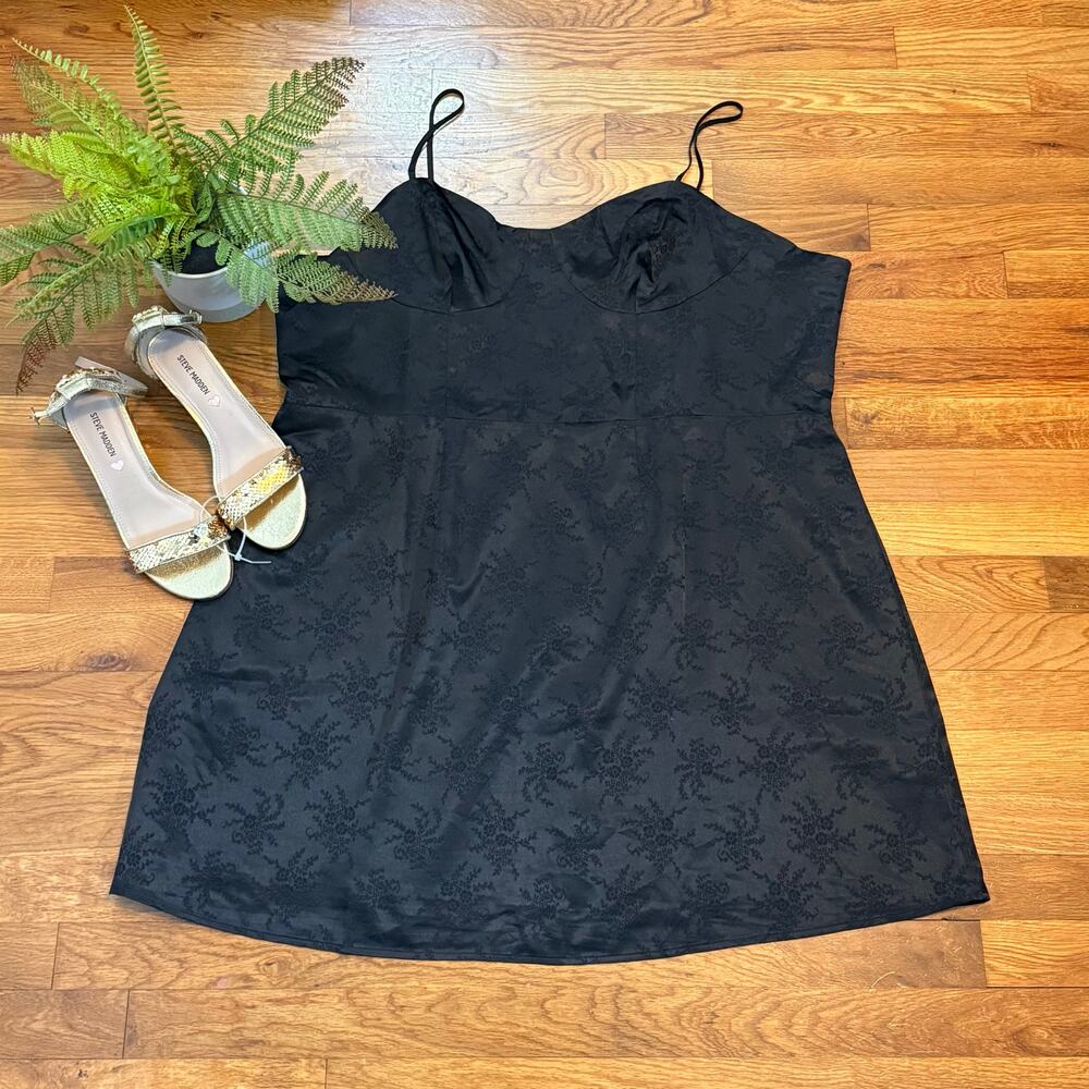 BP Women’s Plus Size 3X Black Satin Jacquard Floral Corset Mini Slip Dress Sexy